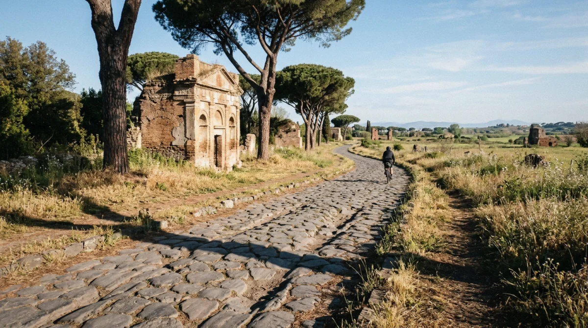 Worn basalt paving of the Via Appia Antica leading past a brick tomb, the road to the Catacombs of San Callisto