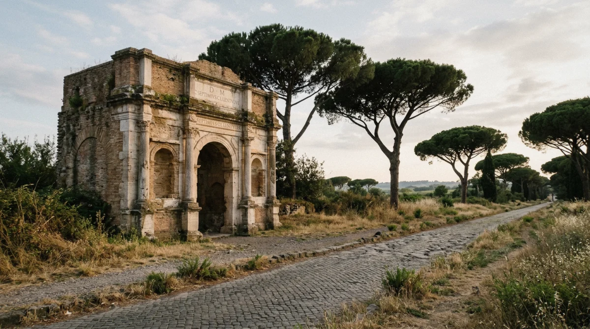 Roman tomb facade beside the basalt paving of the Via Appia Antica on a Rome underground tour