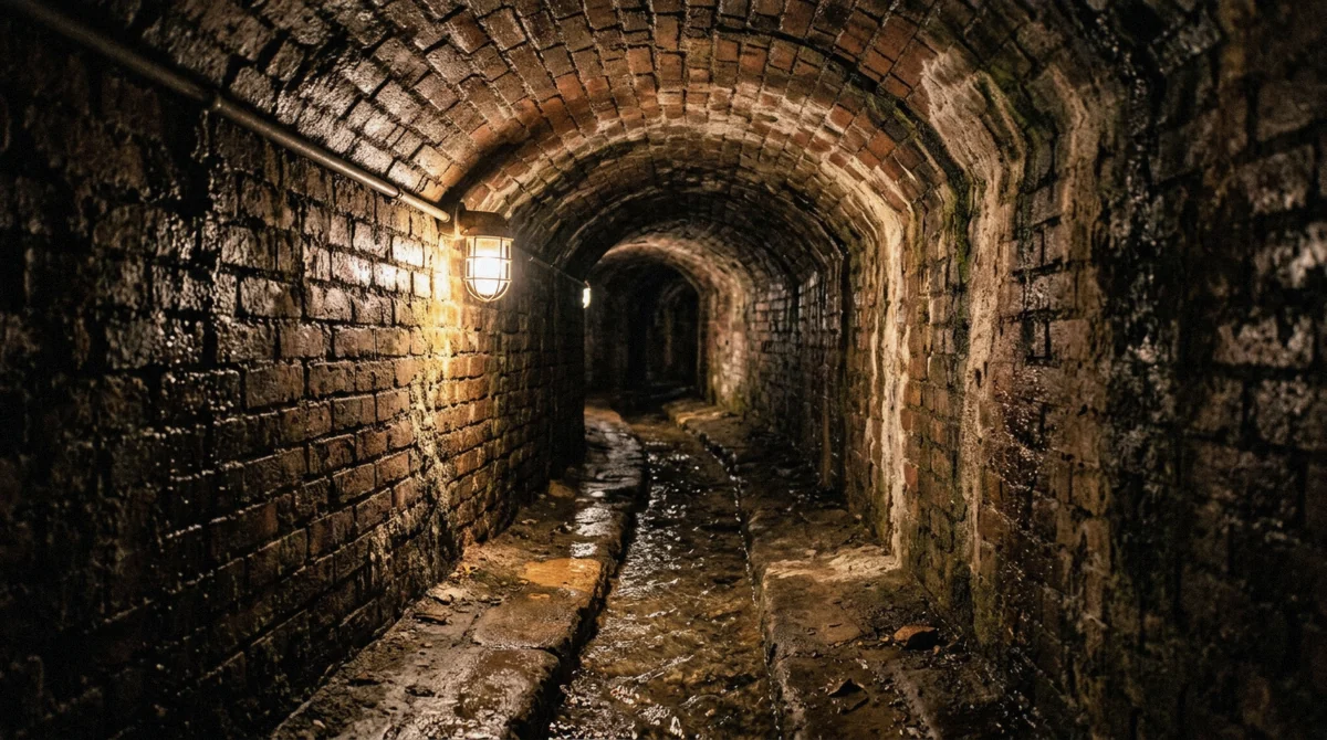 Ancient Roman brick water channel with clear water still running, as under the Trevi district at Vicus Caprarius