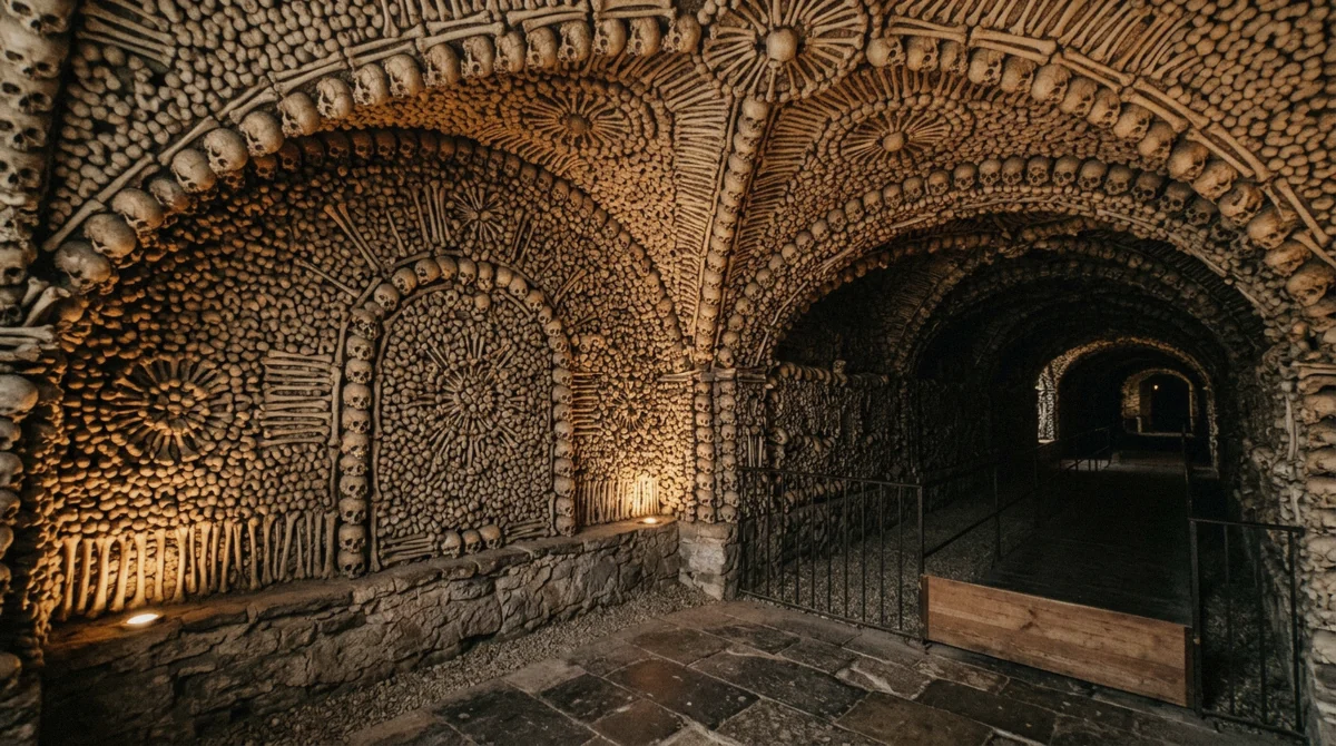 Chapel vault lined with human bones in geometric patterns, as in the Capuchin Crypt in Rome