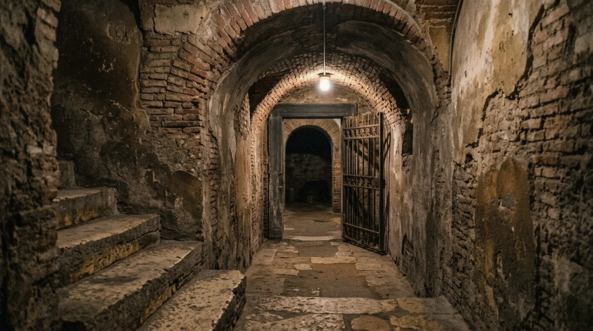 Narrow vaulted underground corridor with an iron gate and worn stone steps on a Rome underground tour