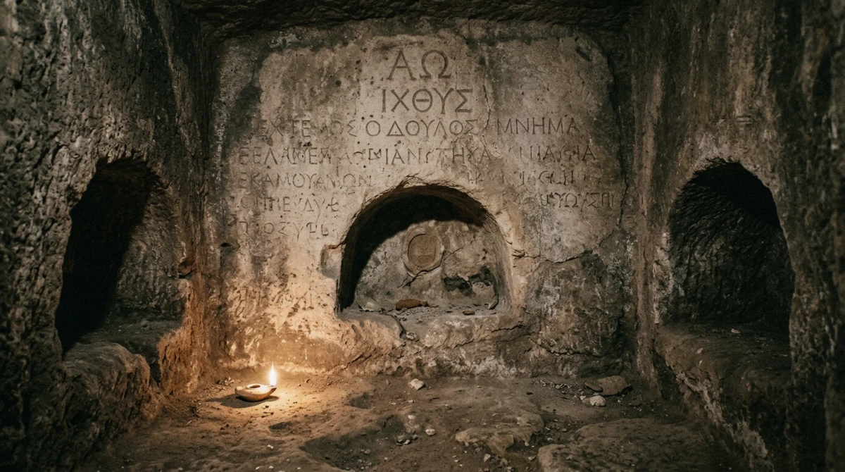 Carved wall panels with worn Greek lettering in a catacomb burial chamber on a Rome underground tour