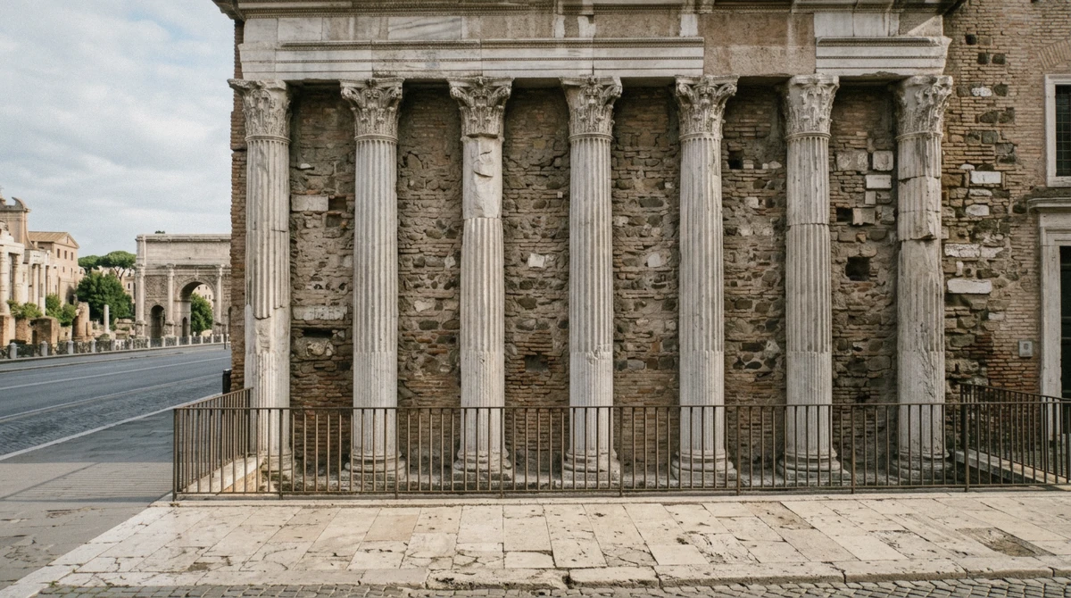 Ancient Roman temple columns embedded in a church wall at San Nicola in Carcere on a Rome underground tour