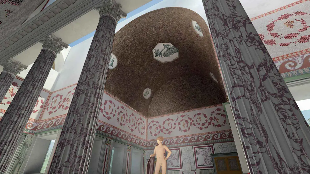 Vaulted brick hall of the Domus Aurea lit for a VR-guided Rome underground tour of Nero's Golden House