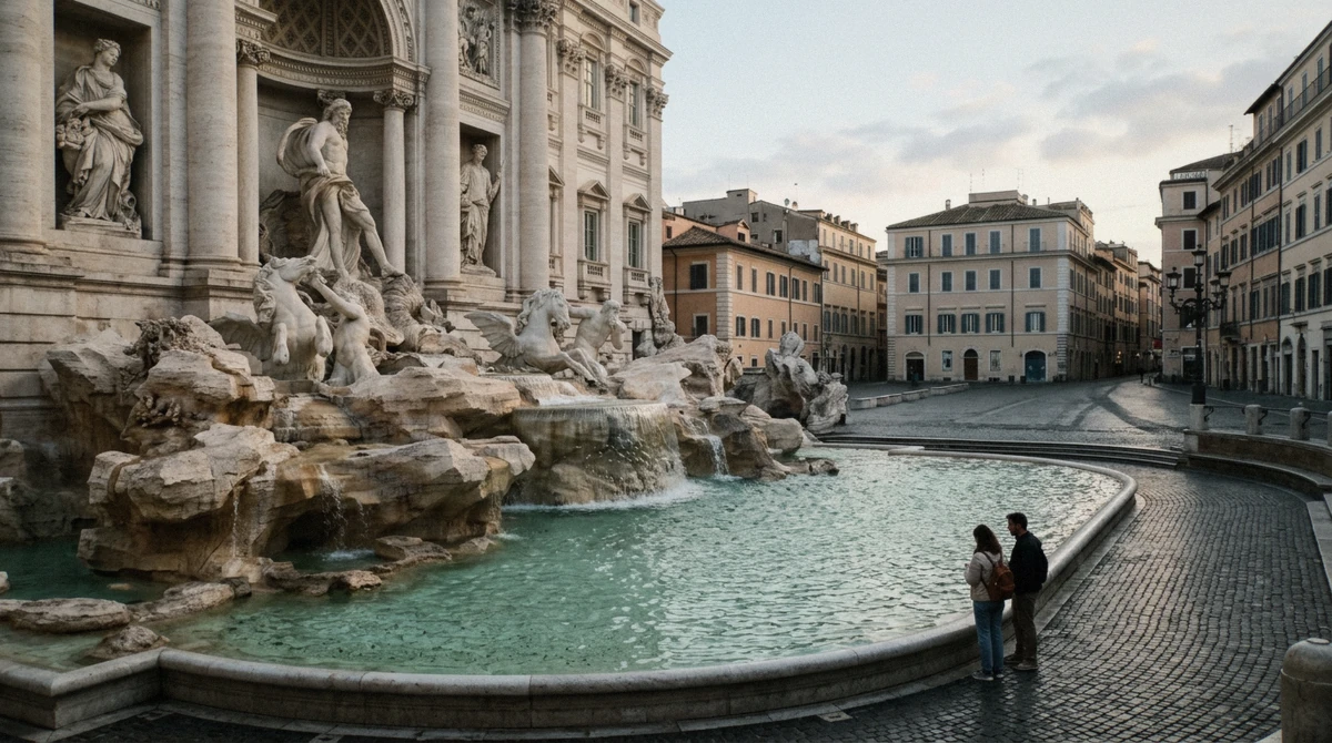 The Trevi Fountain at first light with an almost empty piazza, above the Rome underground aqueduct rooms