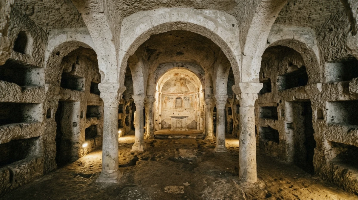 Half-buried early Christian basilica cut into pale tufa, as in the Catacombs of Domitilla